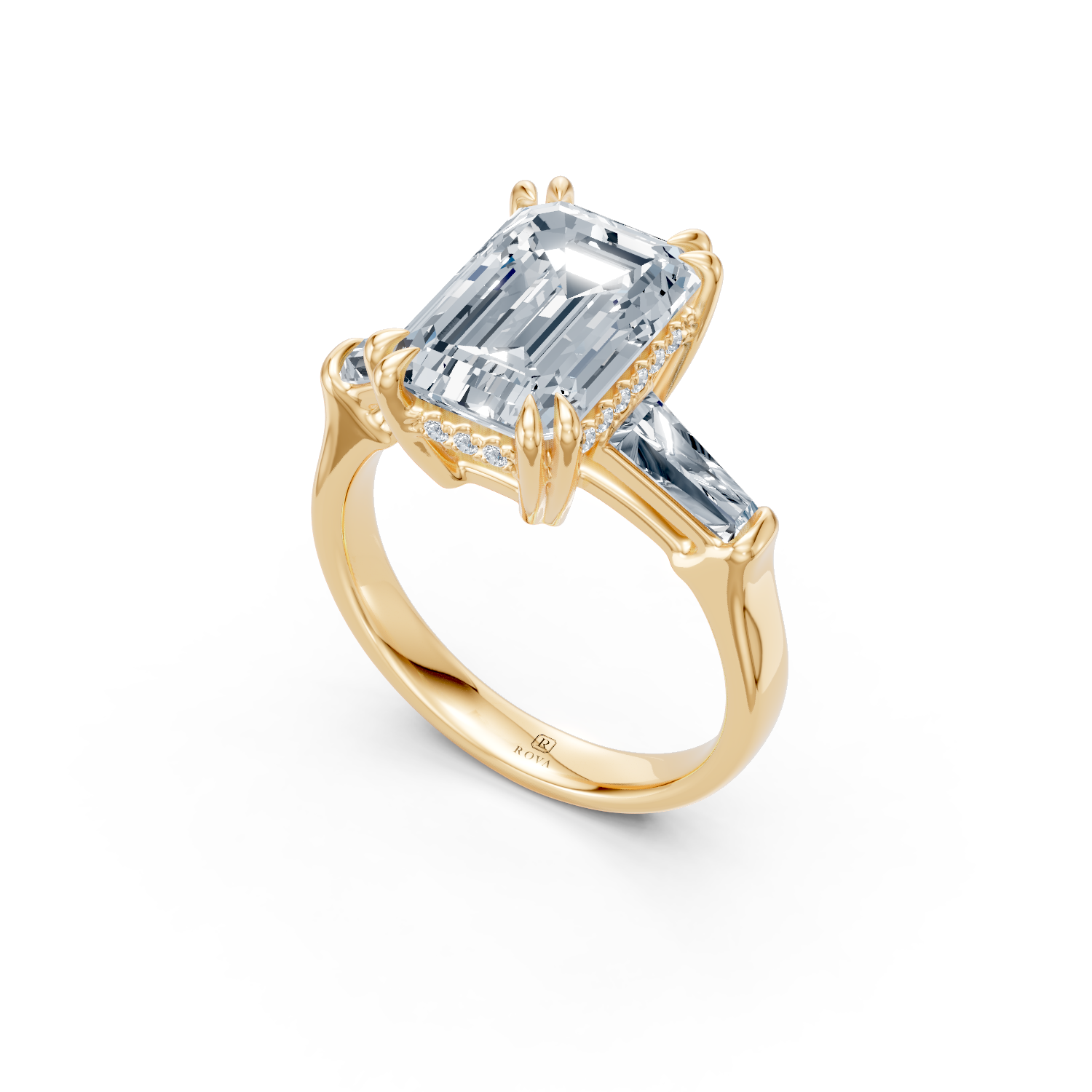 Emerald Cut Three Stone Ring Yellow Gold